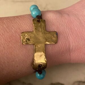 Gold Cross Bracelet with Turquoise Beads